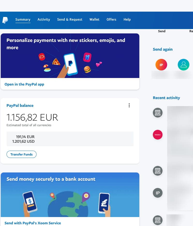 PayPal account dashboard summary.