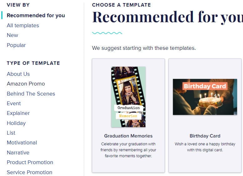 Animoto available templates.