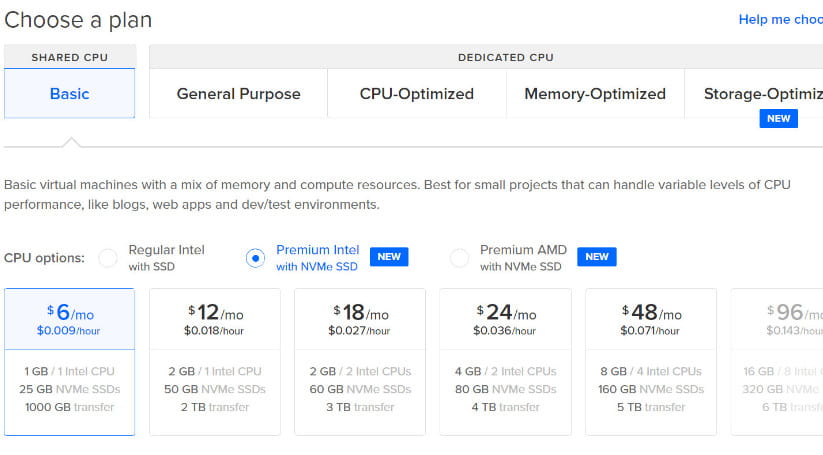 Type of droplet plans DigitalOcean.