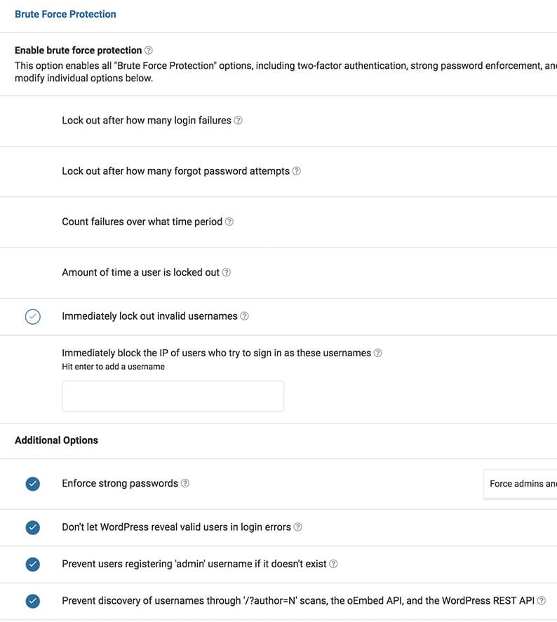 Wordfence brute force protection options.