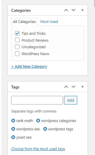 WordPress tag and category section.