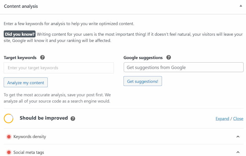 SEOPress optimizing content keywords.
