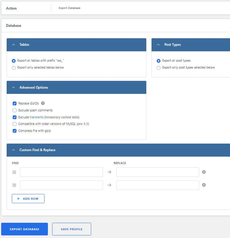 WP Migrate DB database export options