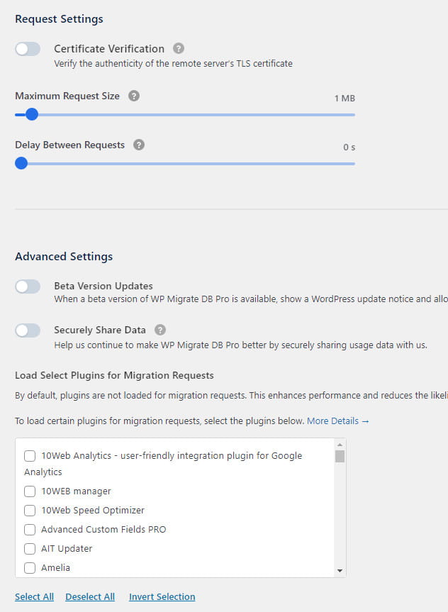 WP Migrate DB settings tab.