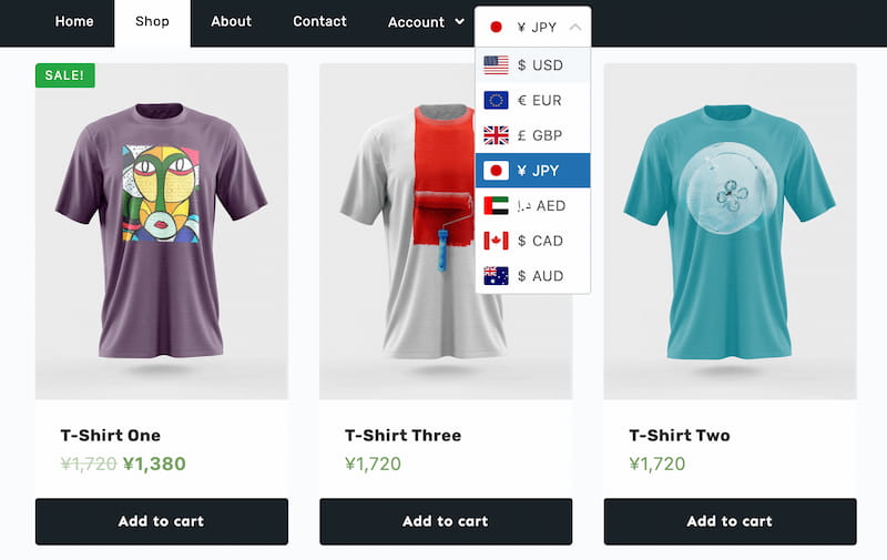 YayCurrency switcher shop page example.