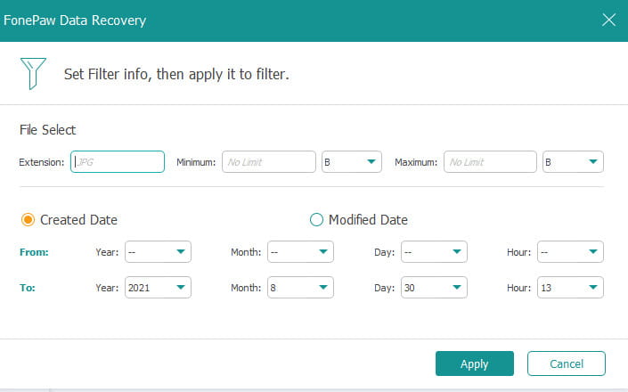 FonePaw Data Recovery filters.