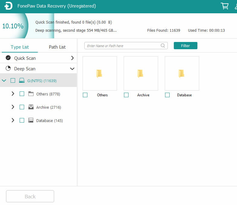FonePaw Data Recovery quick scan.