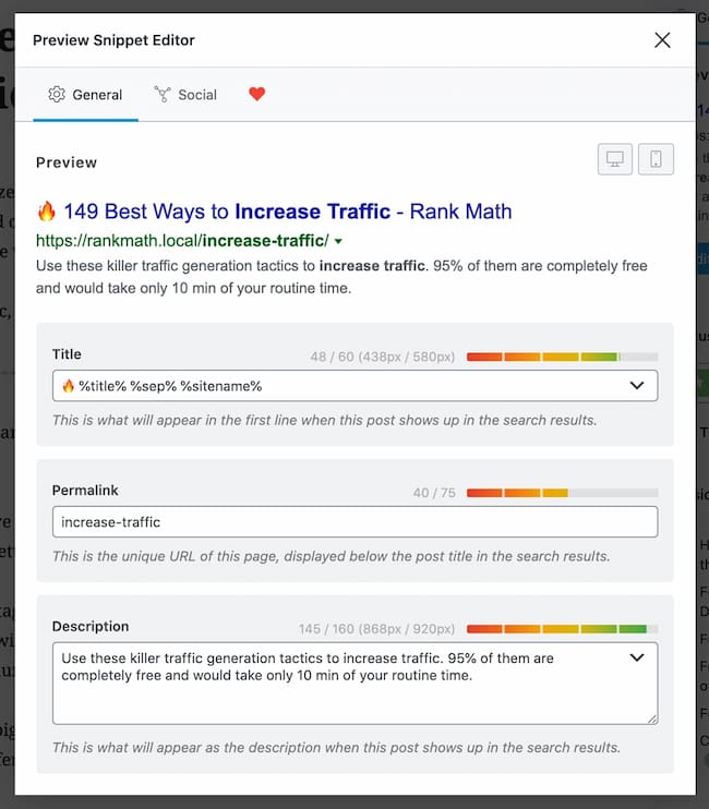 Rank Math snippet optimization editor.