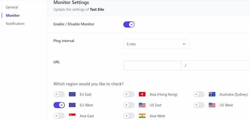 WP Umbrella monitor setting options.