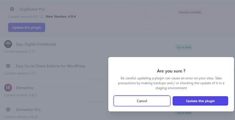 Updating plugins via WP Umbrella.