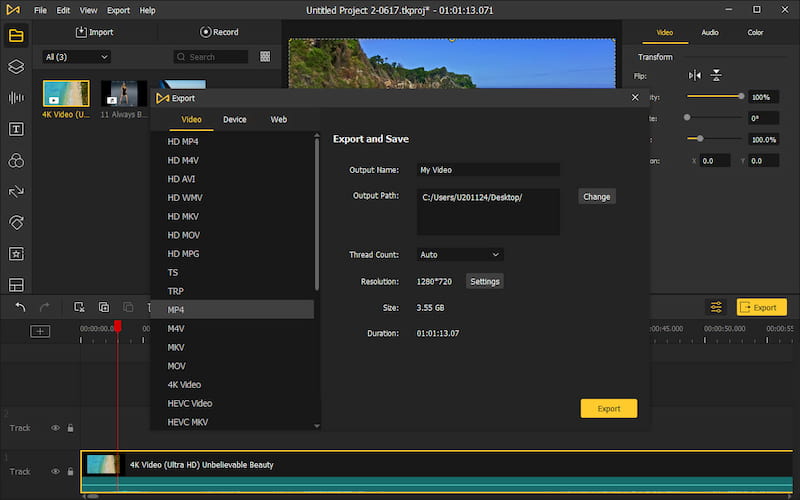 AceMovi video export options.