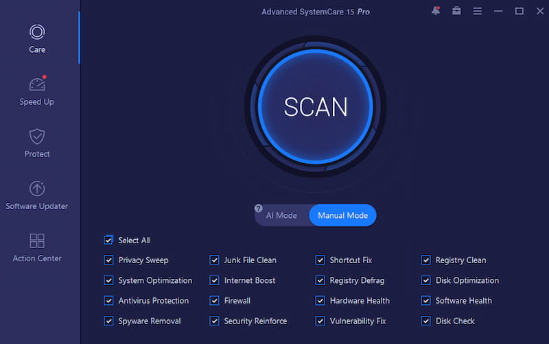 Advanced SytemCare manual and AI scan mode.