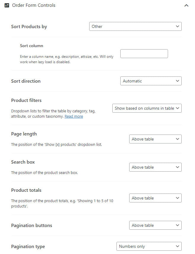 Woosuite Product Table order form controls.
