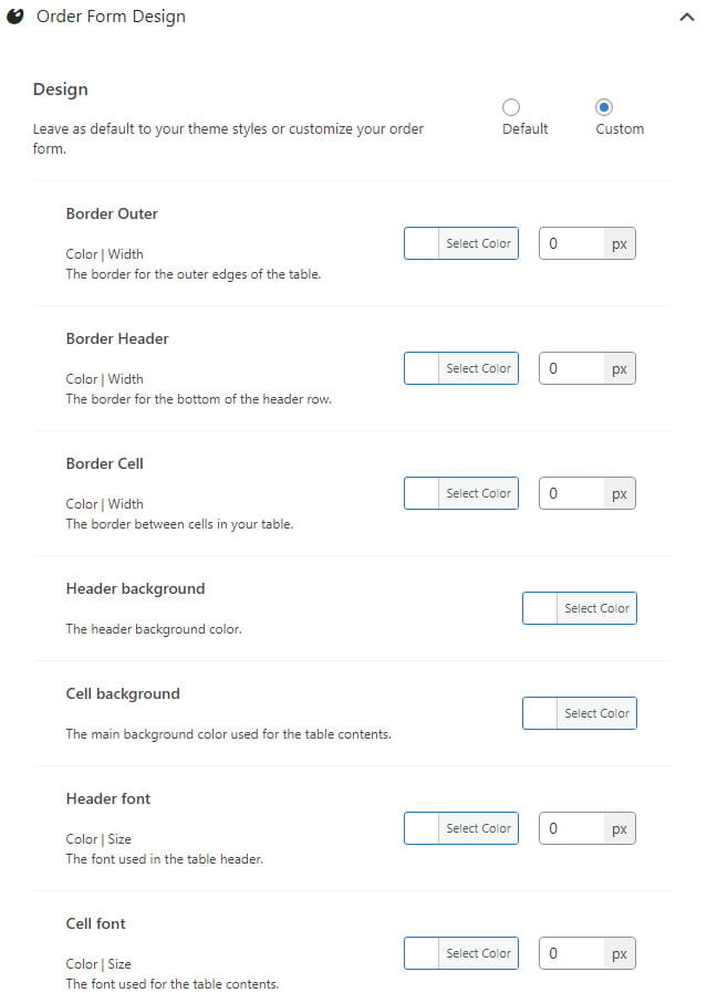Woosuite Product Table order form design.