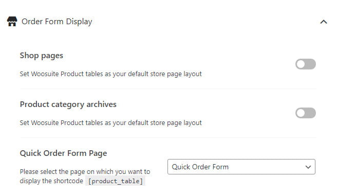 Woosuite Product table order form display.