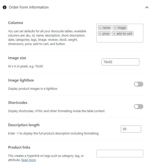 Woosuite Product Table order form information.