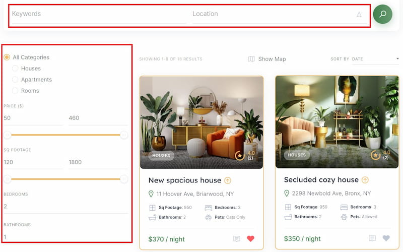 RentalHive theme listings page.