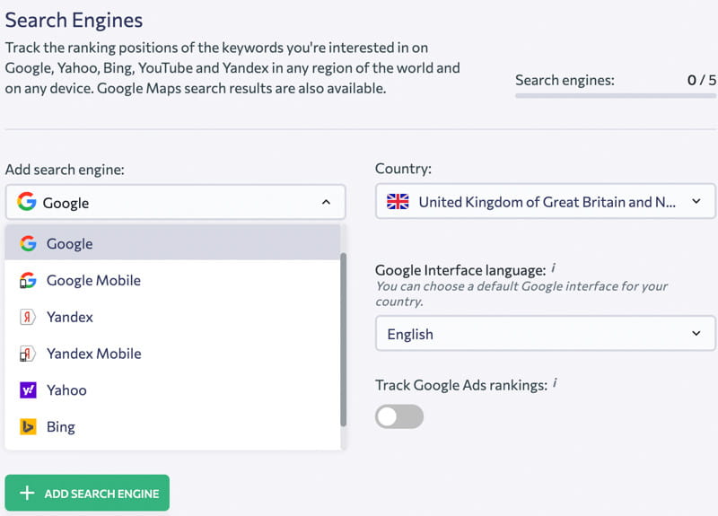 SE Ranking tracks rankings on various search engines.