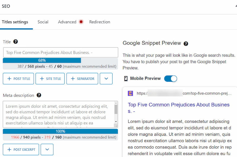 SEOPress keyword analysis.