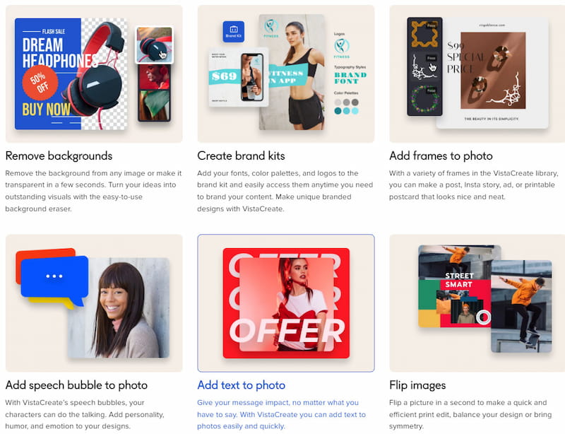 VistaCreate photo editing options.