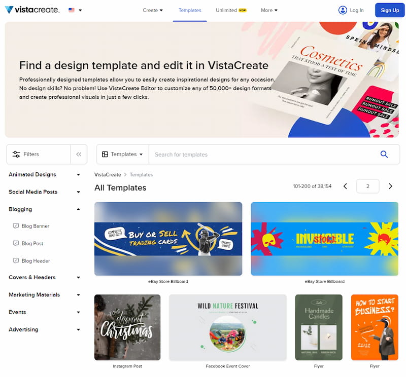 VistaCreate available templates.