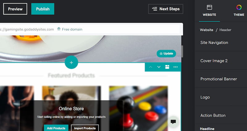 GoDaddy website builder interface.