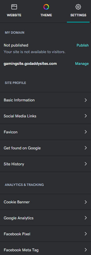 GoDaddy website builder settings.
