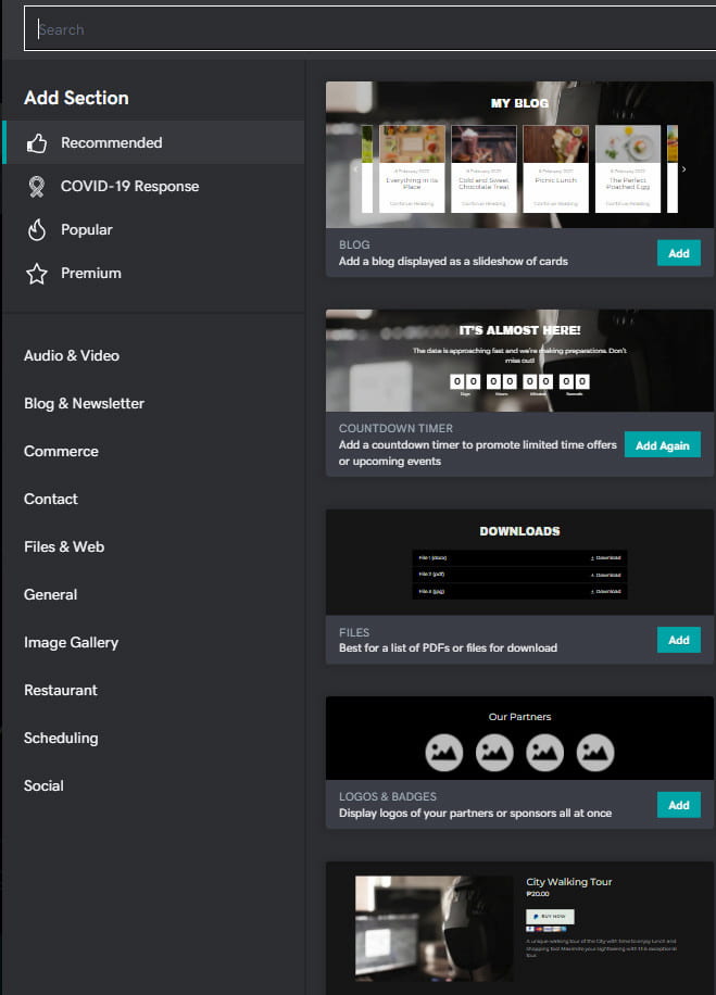 GoDaddy builder sections feature.