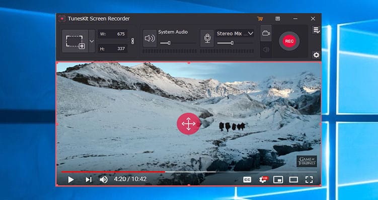 TunesKit screen recorder set recording area.