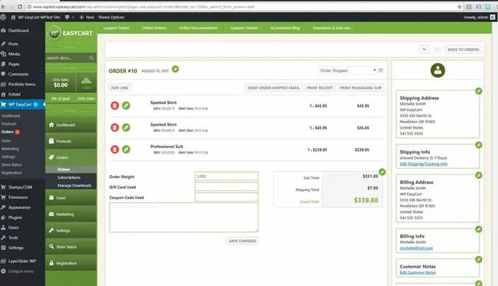 WP EasyCart dashoard interface.