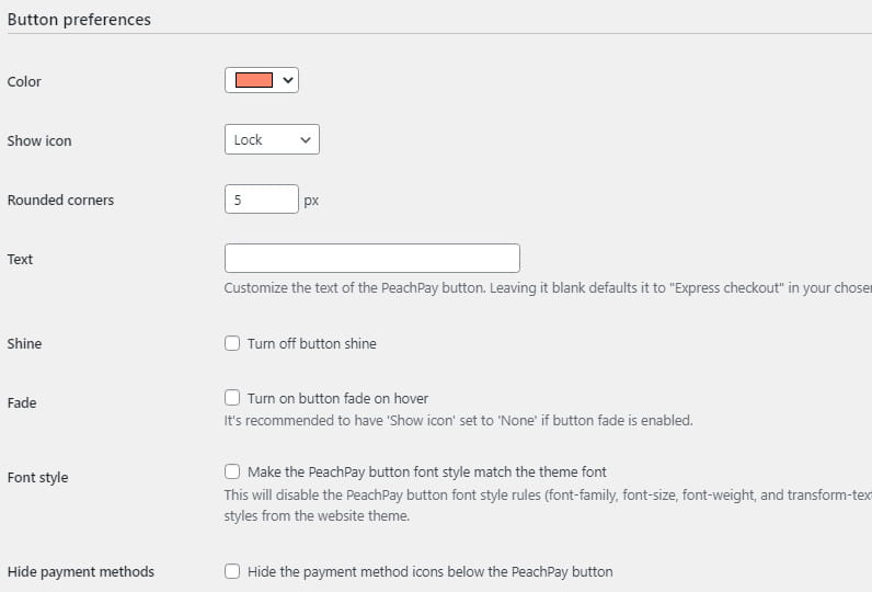 PeachPay plugin button preferences settings.