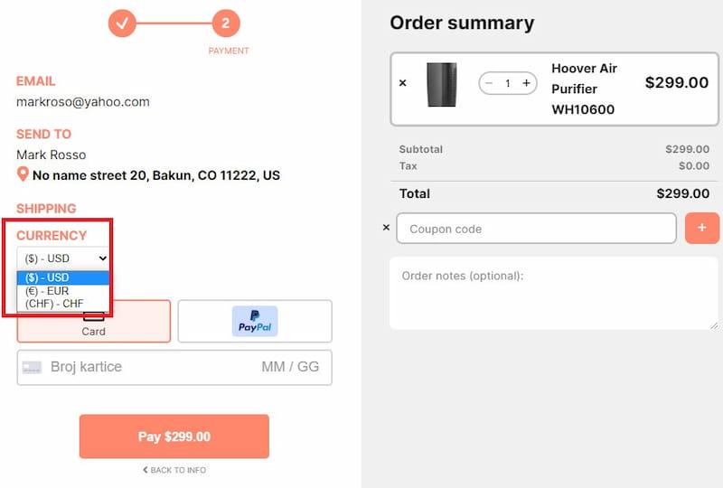 PeachPay changing currency during checkout.