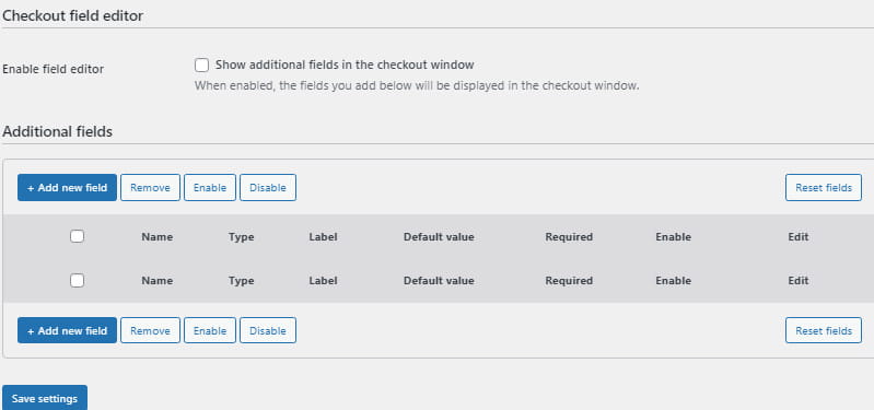 PeachPay field editor for displaying in checkout window.