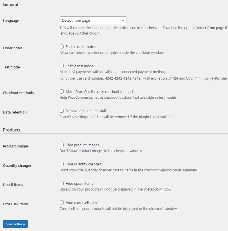 PeachPay plugin general settings.