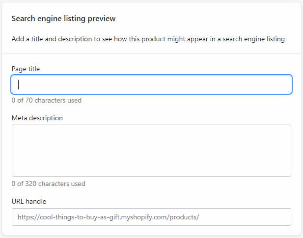 Shopify SEO options for product.