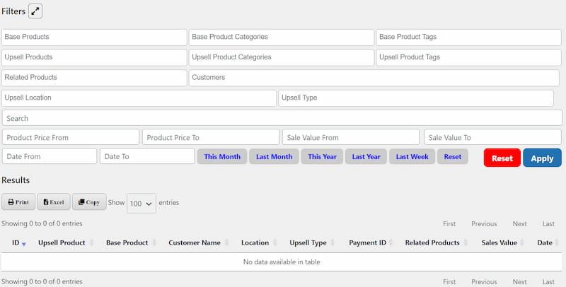 UpsellMaster reports filters.