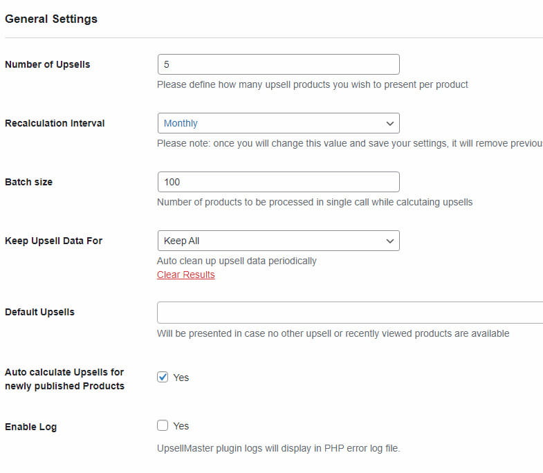 UpsellMaster general settings.
