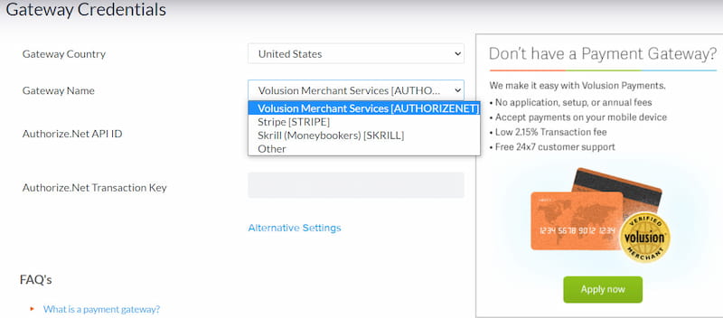 Volusion payment gateways.