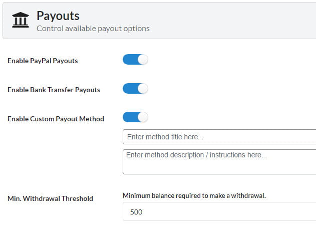 MarketKing payout settings.