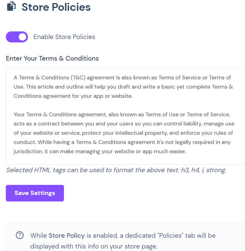 MarketKing store policies feature.
