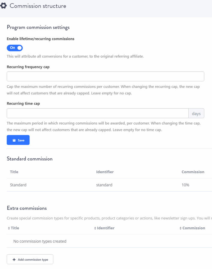 Tapfiliate commission structure settings.