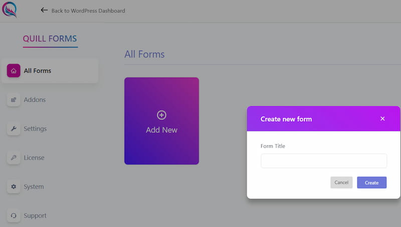 Quill Forms creating new form.