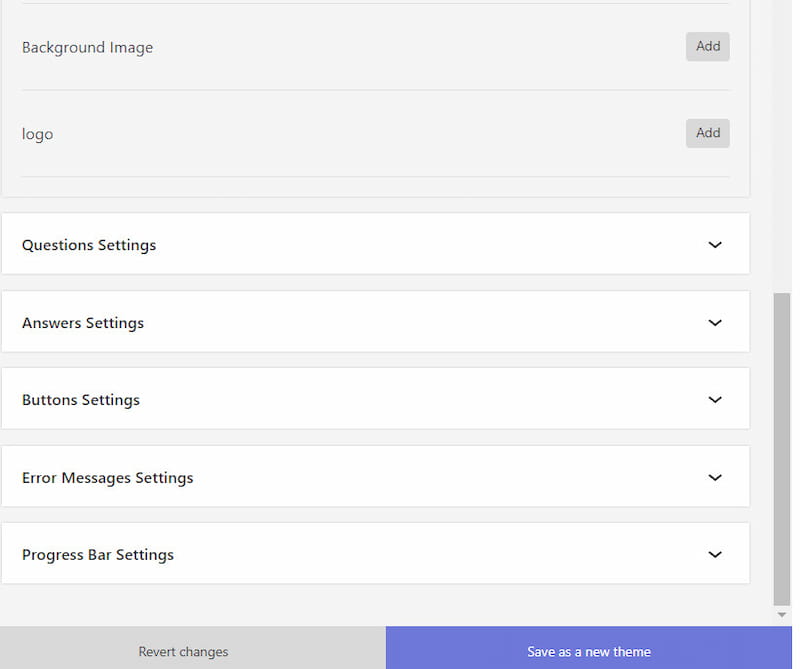 Theme customize settings Quill Forms.