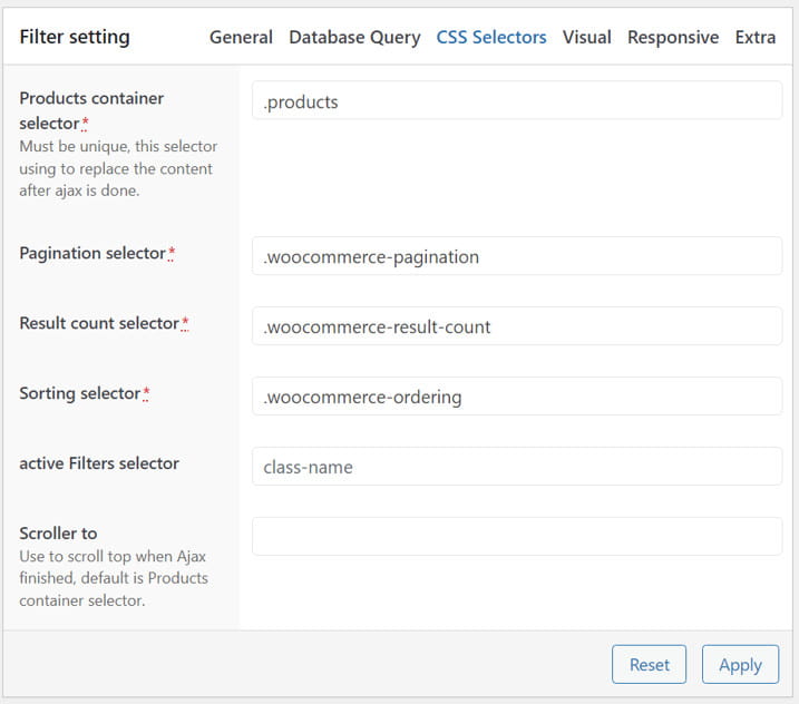 PWF CSS selectors options.