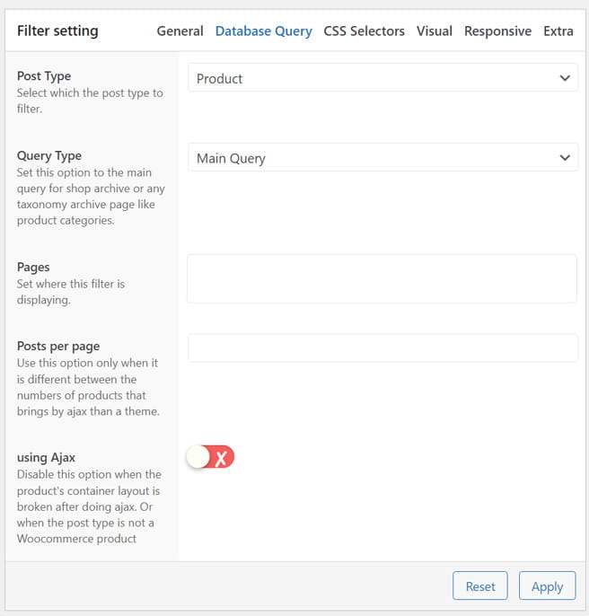 PWF database query settings.