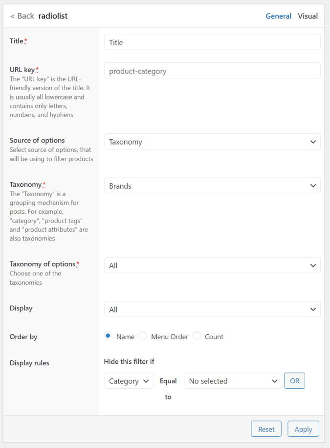 PWF filter field type general settings.