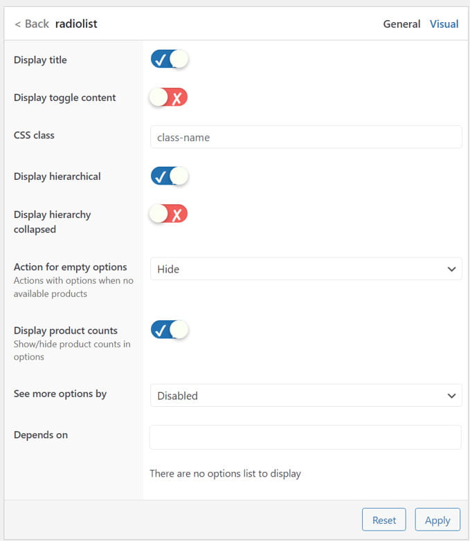 PWF filter field type visual options.