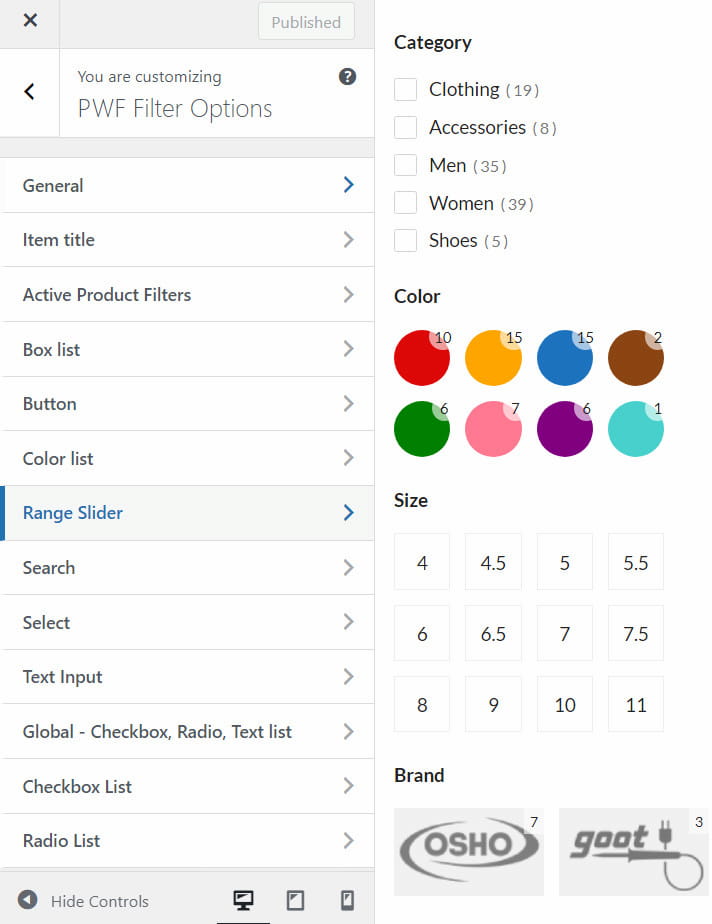 PWF Filter customization options.
