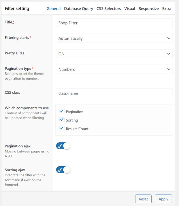 PWF plugin filter settings.