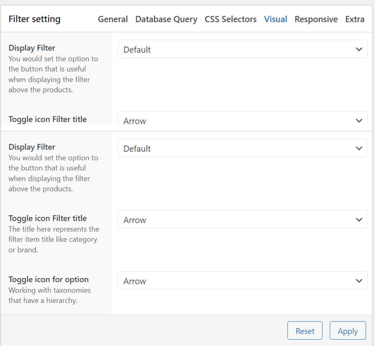 PWF visual section settings.